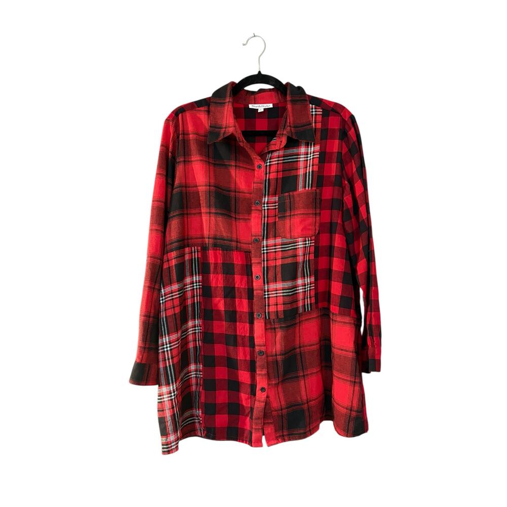 NorthStyle Button Up Shirt Women's L Patchwork Red Tartan Flannel Plaid Top - Picture 10 of 10